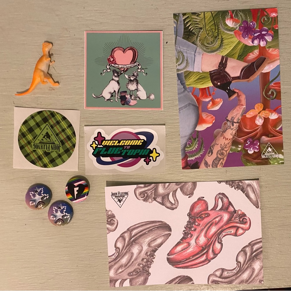 Fluevog Fun Pack! Postcard Art, Stickers and Pins Collection